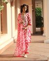 Pink Pearl Work Embroidery Cotton Suit With Pant & Chiffon Dupatta