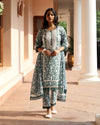Teal Work Embroidery Cotton Suit With Pant & Chiffon Dupatta