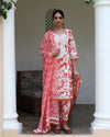 Peach Orange Work Embroidery Cotton Suit With Pant & Chiffon Dupatta
