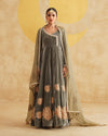 Sage Grey Hand Embroidered Velvet Anarkali And Dupatta Set