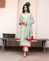 Pista Green Mul-Cotton Suit With Chiffon Dupatta & Pant Set