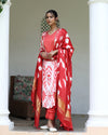 Red Modal Clamp Dye With Hand Embroidery Suit And Clamp Dye Dupatta Set