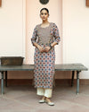 Ivory Modal Ajrakh Handblock Kurta With Hand Embroidery Set