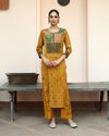Mustard Yellow Modal Ajrakh Handblock Kurta With Hand Embroidery Set