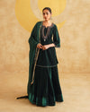 Bottle Green Hand Embroidered Velvet Kurta And Dupatta with Skirt Set