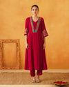 Magenta Velvet Kurta With Palazzo & Dupatta Set