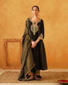 Mehandi Green Velvet Hand Embroidered Kurta with Palazzo and Dupatta Set