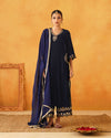 Navy Blue Velvet Hand Embroidered Kurta with Palazzo and Dupatta Set