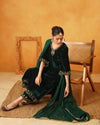 Bottle Green Velvet Hand Embroidered Kurta with Palazzo and Dupatta Set
