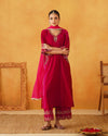 Magenta Pink Velvet Hand Embroidered Kurta with Palazzo and Dupatta Set
