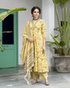 Yellow Handblock Suit With Palazzo & Dupatta Set