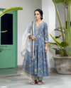 Blue Handblock Suit With Pants & Dupatta Set