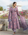 Lavender Cotton Handblock Kurta With Palazzo Dupatta Set