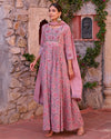 Pink Cotton Handblock Dress With Pants & Mul Mul Dupatta