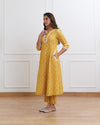 Yellow Cotton Ghera Flower Print Kurta Set