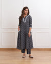 Black Cotton Ghera Flower Print Kurta Set